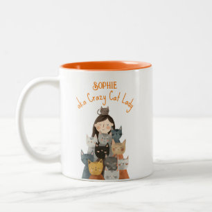 Quirky Crazy Cat Dam med Namn Funny Två-Tonad Mugg