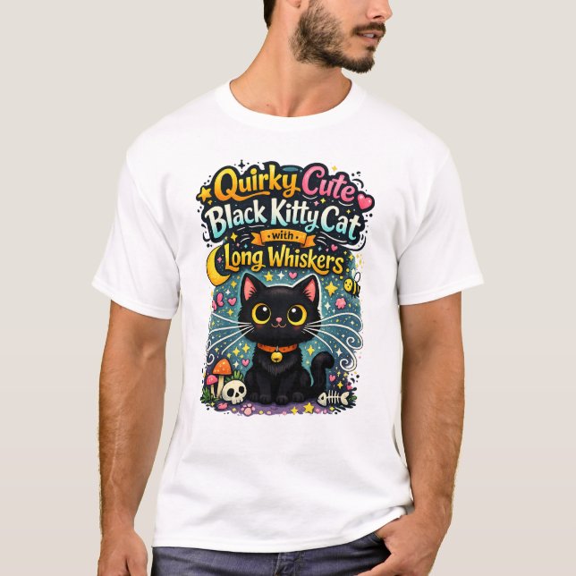 Quirky Cute Black Kitty Cat with Long Whiskers T Shirt (Framsida)