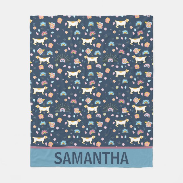 Quirky Cute Hund Rainbow Mönster Blue Personlig Fleecefilt (Framsidan)