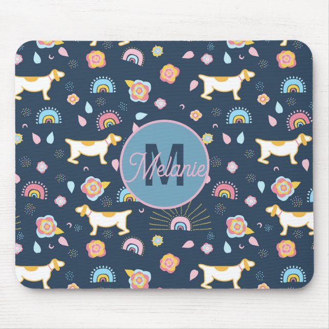 Quirky Cute Hund Rainbow Mönster Blue Personlig Musmatta (Framsidan)