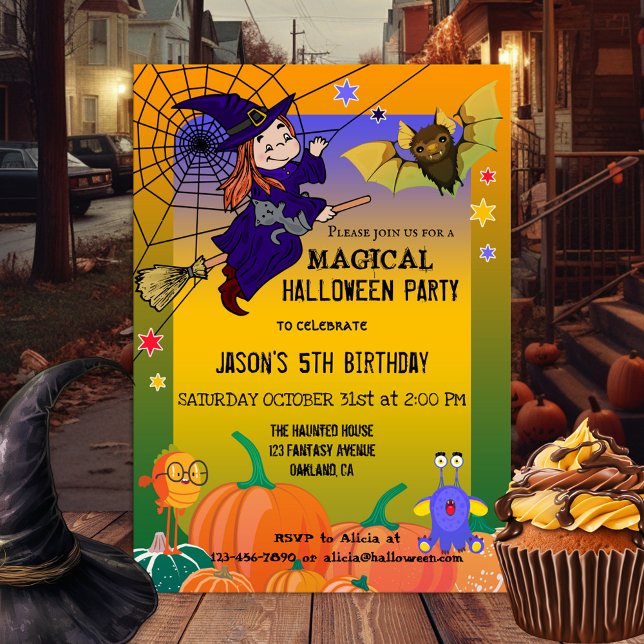 Quirky Cute Witch Kids Halloween fest-inbjudan Inbjudningar (A magical Halloween party invitation featuring a witch with her frightened kitty flying on her broom)