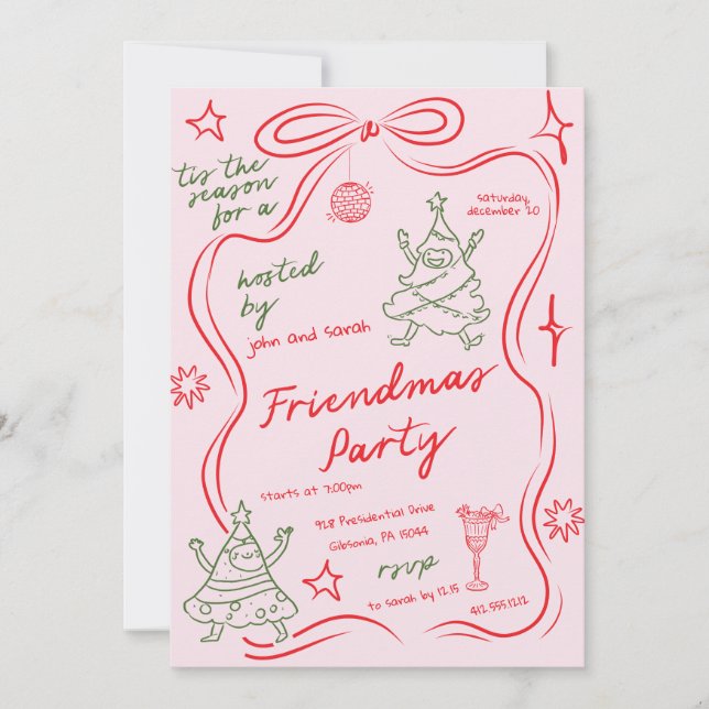 Quirky Doodle Christmas Friendmas Party Invitation Inbjudningar (Framsida)