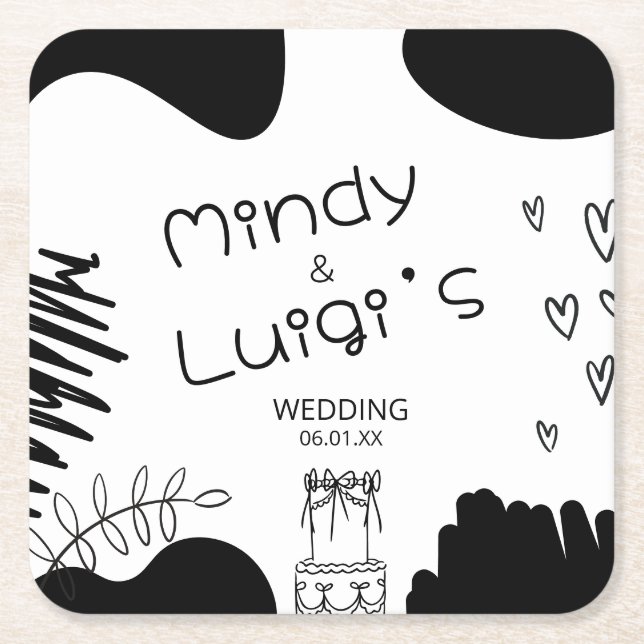 Quirky Doodle Shapes Script Wedding Underlägg Papper Kvadrat (Framsidan)