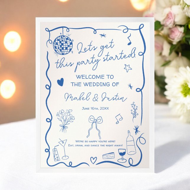 Quirky Fransk Illustrated roligt Bröllop Välkommen Poster (Quirky French Illustrated fun Wedding Welcome Poster)