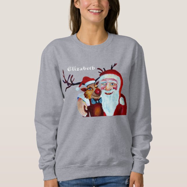 Quirky Funny Santa & Reindeer God Jul T Shirt (Framsida)