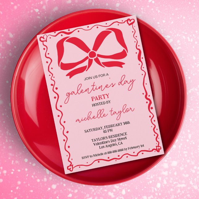 Quirky Galentines Day Party Rosa och Red Bows Inbjudningar (whimsical red bow on the pink background galentine's day invitation)