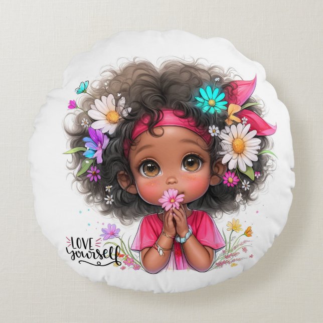 Quirky Girl Kärlek Yourself Round Pillow Rund Kudde (Framsidan)