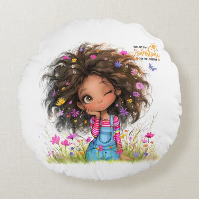 Quirky Girl Sunshine Round Pillow Rund Kudde (Framsidan)