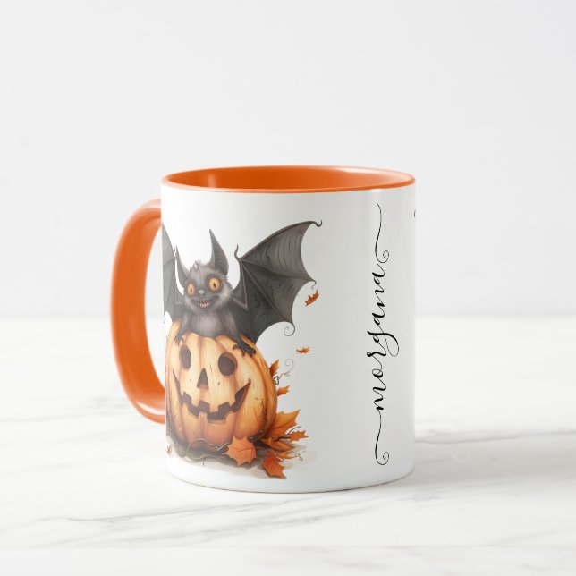 Quirky Halloween Black Fladdermus och Pumpkin Coff Mugg (Framsida vänster)
