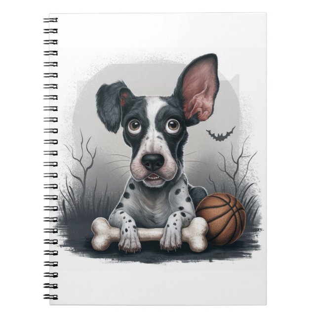 Quirky Halloween-Valp: Spottad Hund med Basketball Anteckningsbok (Framsidan)