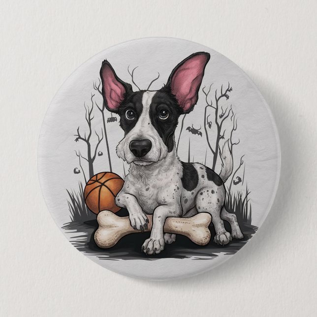 Quirky Halloween-Valp: Spottad Hund med Basketball Knapp (Framsida)