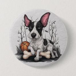 Quirky Halloween-Valp: Spottad Hund med Basketball Knapp