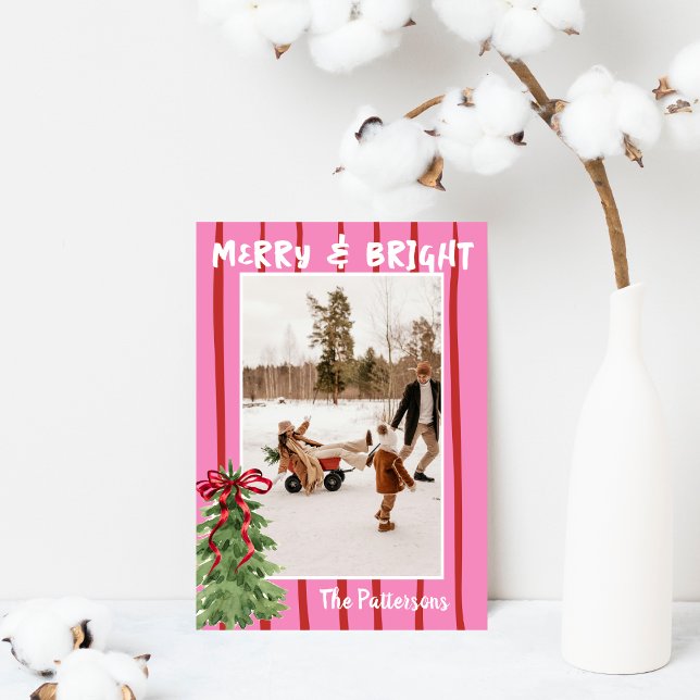 Quirky Hand Drawn Bold Retro Pink Photo Christmas Julkort (Skapare uppladdad)