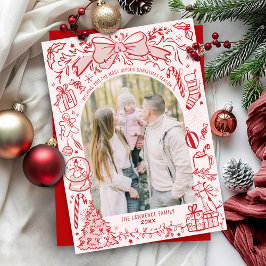 Quirky Hand Drawn Bow Pink and Red Photo Christmas Julkort