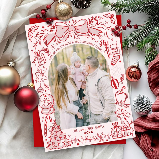 Quirky Hand Drawn Bow Pink and Red Photo Christmas Julkort (Bright colorful pink and red Christmas doodles hand drawn scribble illustration 2 photo holiday card)