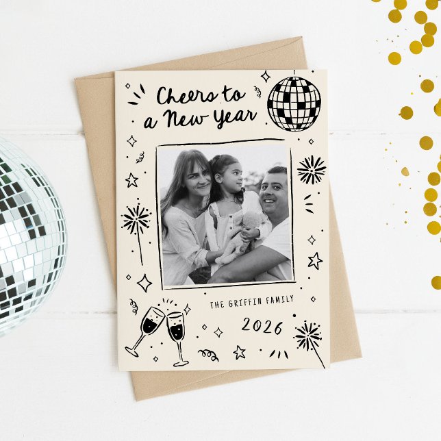 Quirky Hand-Drawn Doodles New Year Photo Black Julkort (quirky hand-drawn New Year's card doodles)