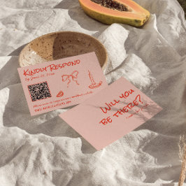 Quirky Hand Drawn Pink Red Unique QR Code Wedding OSA Kort