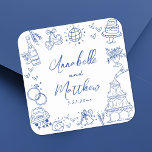 Quirky Hand plockade Blue Whimsical Bröllop Fyrkantigt Klistermärke<br><div class="desc">Personlig Hand-Drawn Quirky Blue Wedding Stickers. De här roligtarna och de lekfulla symbolerna för fyrkantiga bröllop visar hur man ser på utformningen, allt i ett blått tema. Inslag som en champagne torn, bröllop tårta, disco boll, hjärtan, bröllop klockor, ringar, kameror, och mer skapar en vismisk och berömmande vibe. Namn och...</div>