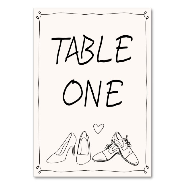 Quirky Hand plockade Doodle Shoes Photo Bröllop Bordsnummer (Framsidan)