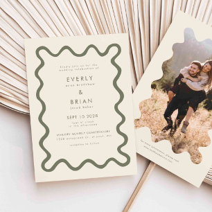 Quirky Hand plockade Line Oliv grönt Bröllop Inbjudningar