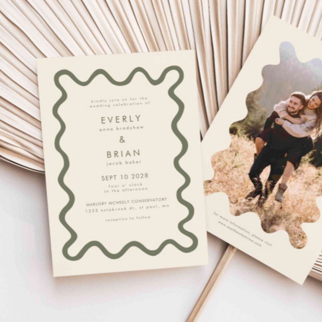 Quirky Hand plockade Line Oliv grönt Bröllop Inbjudningar (Skapare uppladdad)