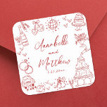 Quirky Hand plockade Red Whimsical Bröllop Fyrkantigt Klistermärke<br><div class="desc">Personlig Hand-Drawn Quirky Red Wedding Stickers. De här roligtarna och de lekfulla fyrkantiga vigselklistermärkena har snabba doodleillustrationer som omger designen, allt i ett dynamiskt rött tema. Inslag som en champagne torn, bröllop tårta, disco boll, hjärtan, bröllop klockor, ringar, kameror, och mer skapar en vismisk och berömmande vibe. Namn och bröllop...</div>