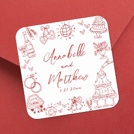 Quirky Hand plockade Red Whimsical Bröllop Fyrkantigt Klistermärke