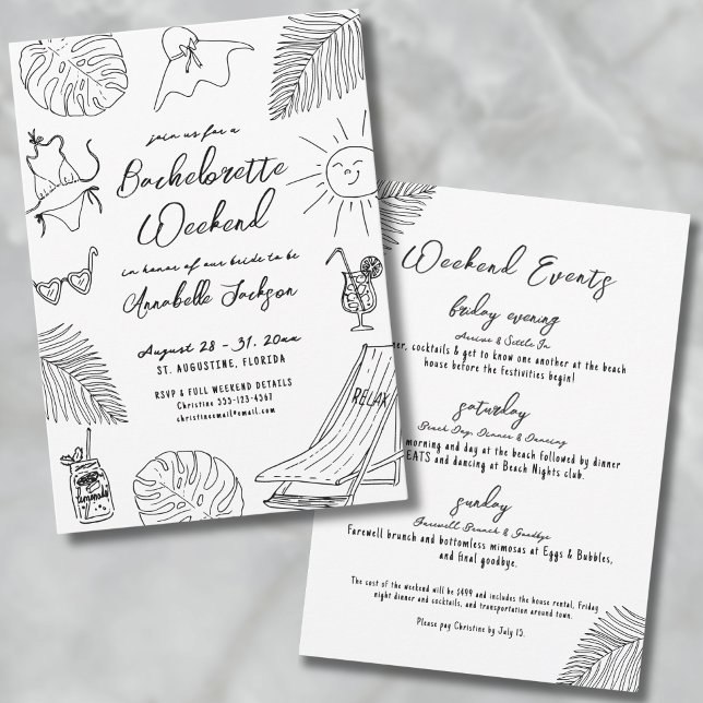 Quirky Hand plockade Tropical Beach Bachelorette Inbjudningar (Quirky Hand Drawn Tropical Beach Bachelorette Invitation)