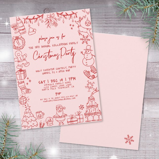 Quirky Hand plockade Whimsique jul Party Inbjudningar (Quirky Hand Drawn Whimsical Christmas Party Invitation)