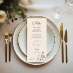 Quirky Handskriftlig Bröllop Meny<br><div class="desc">Quirky och whimsical bröllop-menykort. Det här menykortet har ett vackert handskrivet teckensnitt i en roligt och ett stil som är fullt av anpassade. Grund på menyn illustrerar hand plockade en tårta från bröllop och ett pars monogram. Menyn finns i ett neutralt färg-schema med mörk grått på ecu.</div>