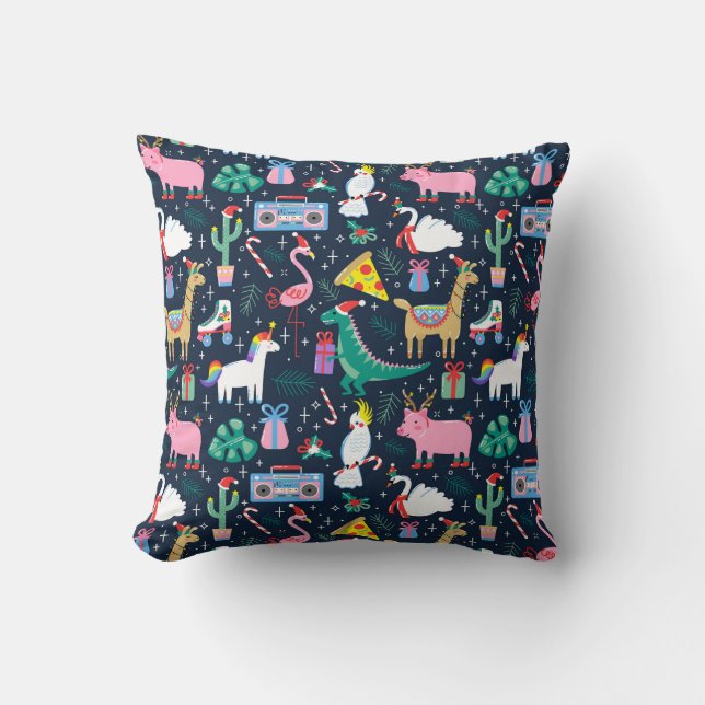 Quirky Helgdag Animals och Icons Mönster Kudde (Framsida)
