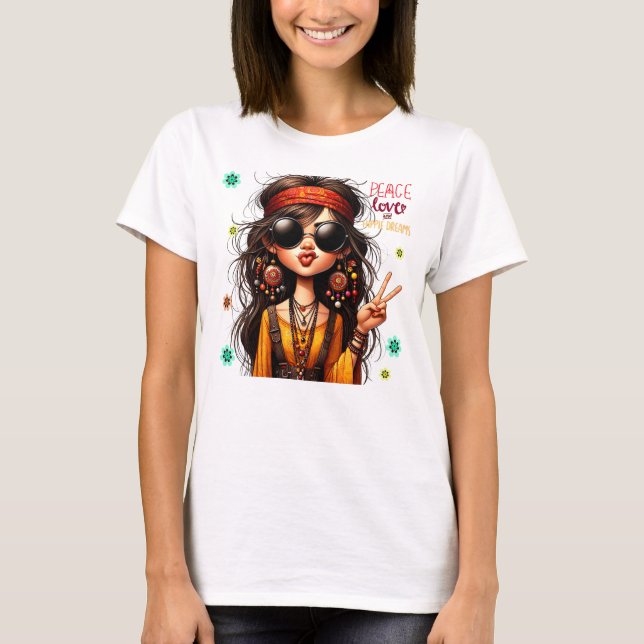 Quirky Hippie Chic Peace & Kärlek Dam T-Shirt (Framsida)