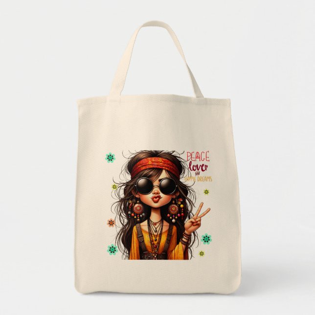 Quirky Hippie Dam Peace Tote Bag Tygkasse (Framsidan)