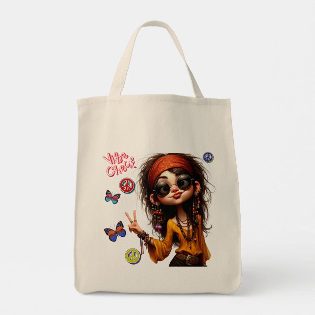 Quirky Hippie Dam Vibe Tote Bag Tygkasse (Baksida)