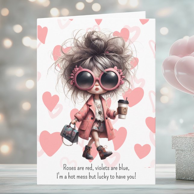 Quirky Hot Mess Girl Pink Hearts Valentine's Day Helgkort (Skapare uppladdad)