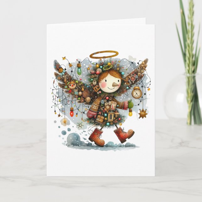 Quirky jul Angel Modern Folk Art Stil Kort (Framsida)