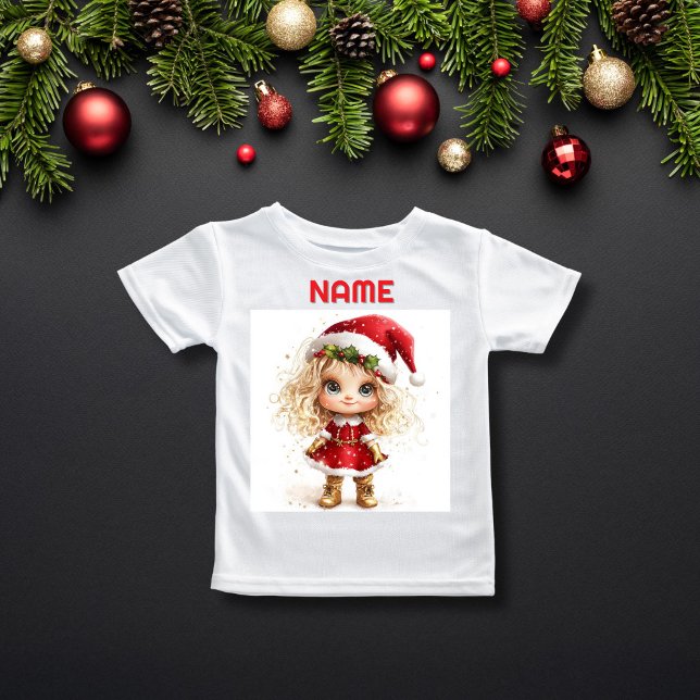 Quirky Jul Girl i Santa Hat CUSTOM NAME T Shirt (Skapare uppladdad)