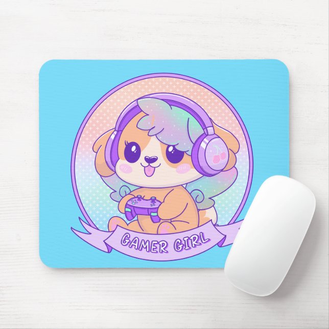 Quirky Kawaii Video Gamer Girl Hund Musmatta (Med mus)