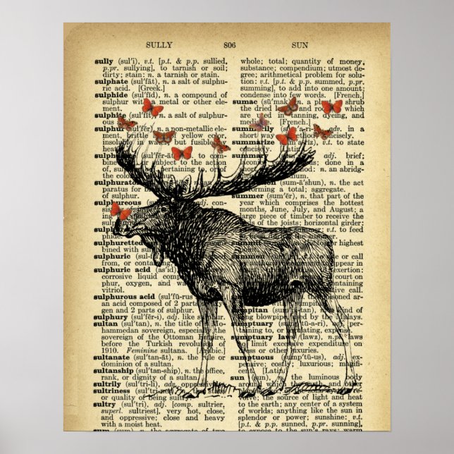 Quirky Moose Apples Antique Dictionary Page Art Poster (Framsidan)
