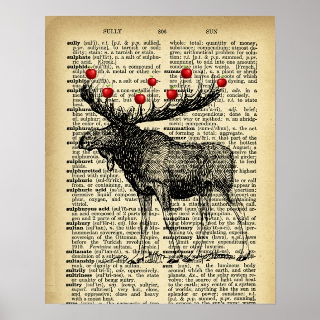 Quirky Moose Butterflies Antique Dictionary Page Poster (Framsidan)