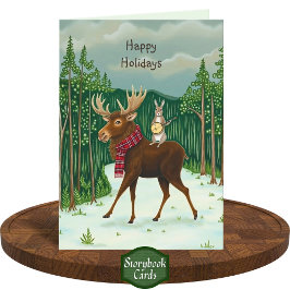 Quirky Moose Rabbit Forest Winter Scene-jul Kort