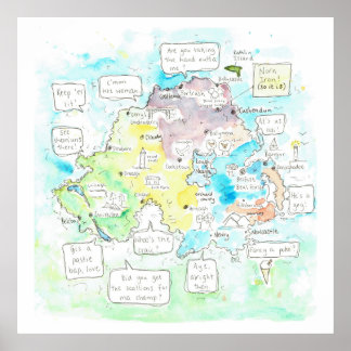 Quirky Northern Ireland karta med ord. Poster