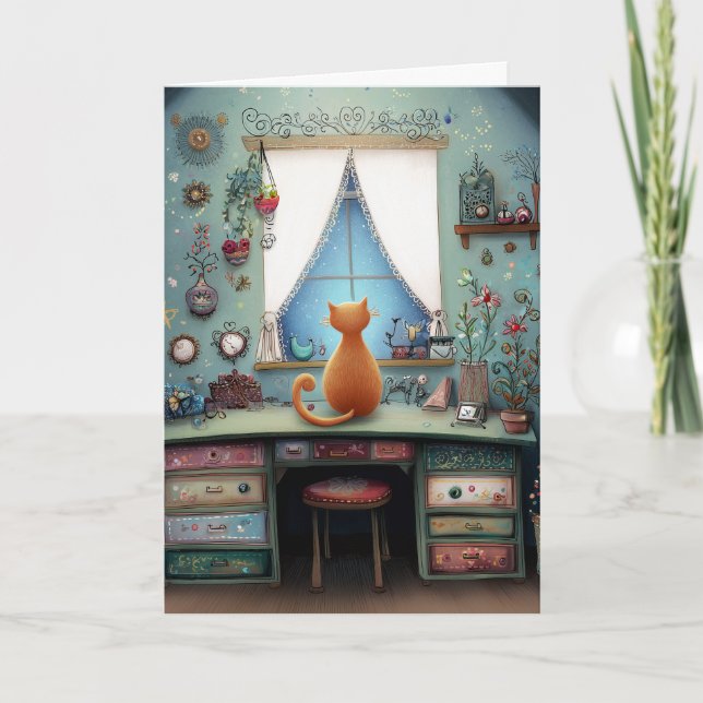Quirky Orange Cat vid Window Hej Hälsning Kort (Framsida)