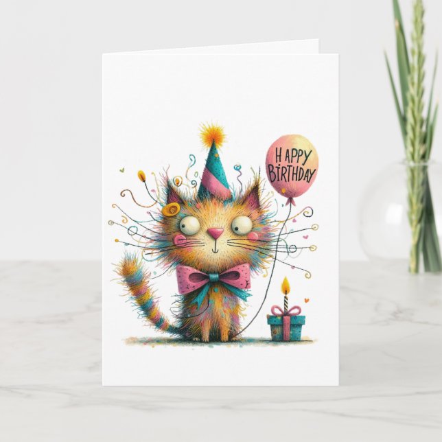 Quirky Orange Cat with Party Hat and Cake Birthday Kort (Framsida)