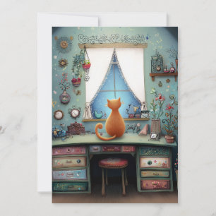 Quirky-Orange-katt på en Hej av fönsterplatta Kort