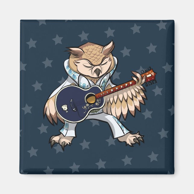 Quirky Owl Rock & Roll Artwork Singer With Guitar Magnet (Framsidan)