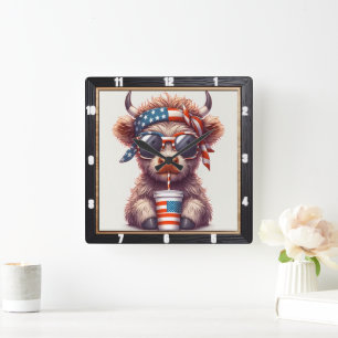 Quirky Patriotic Cow USA Fyrkantig Klocka