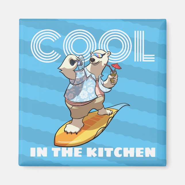Quirky Polar Bear Cool In The Kitchen Surf Cartoon Magnet (Framsidan)