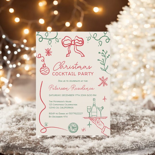 Quirky red grönt illustration jul Cocktail Inbjudningar (Quirky red green illustration Christmas Cocktail Invitation)