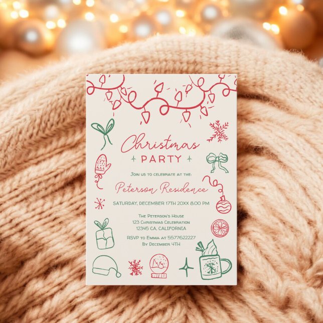 Quirky red grönt illustrerar den moderna julhelgen inbjudningar (Quirky red green illustration modern Christmas Invitation)